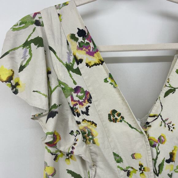 Tanya Taylor Size 8 Inez Dress‎ Linen Blend Floral Ruffle Flutter Sleeves Cream - Picture 3 of 12